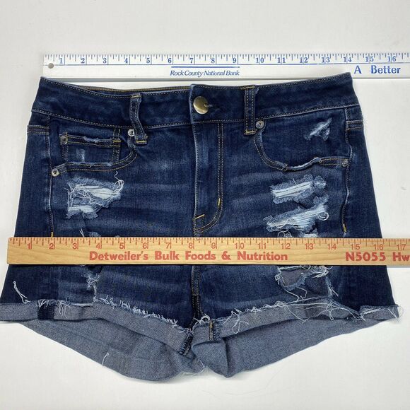 American Eagle Hi-Rise Shortie Sz 6 360 Super Stretch Denim Shorts Holes EUC - Picture 3 of 10